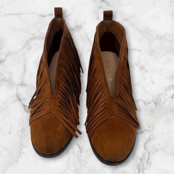 Mata Fringe Ankle Booties Sz 8.5M | Western Boho Suede Heel Boot | Brown - Picture 2 of 16